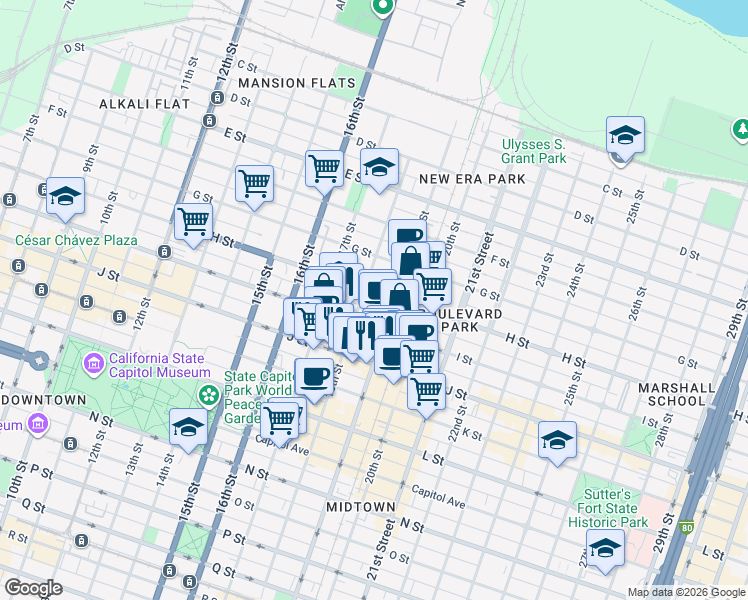 map of restaurants, bars, coffee shops, grocery stores, and more near 1808 H Street in Sacramento