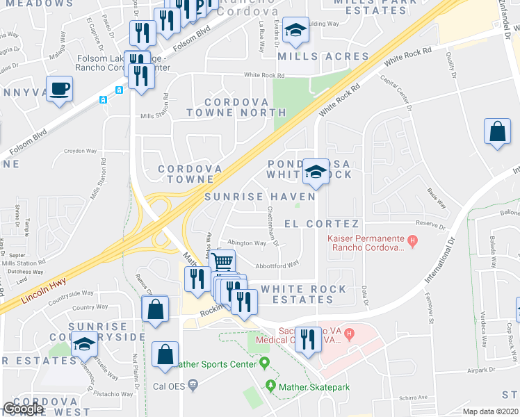 map of restaurants, bars, coffee shops, grocery stores, and more near 3247 Nosler Court in Rancho Cordova