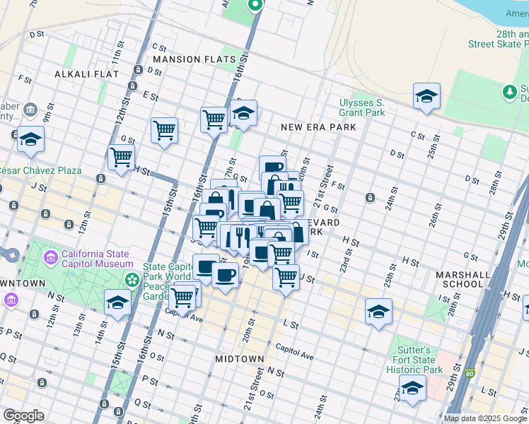map of restaurants, bars, coffee shops, grocery stores, and more near H St & 19th St in Sacramento
