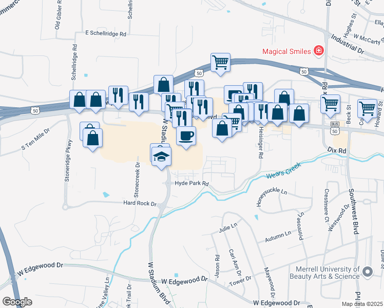 map of restaurants, bars, coffee shops, grocery stores, and more near 735 West Stadium Boulevard in Jefferson City