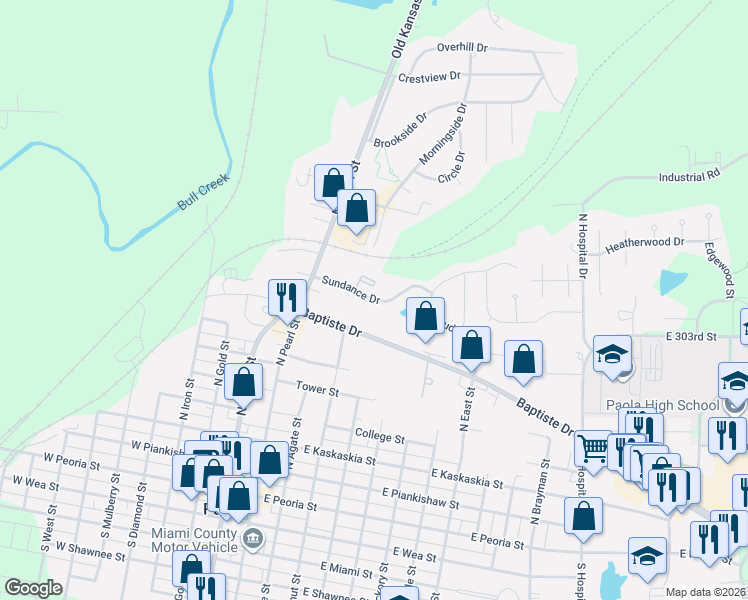 map of restaurants, bars, coffee shops, grocery stores, and more near 306 Baptiste Drive in Paola