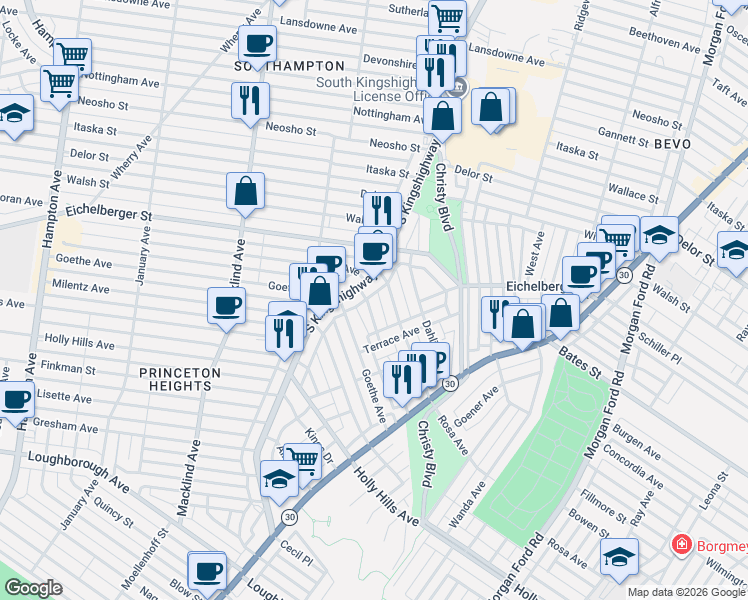 map of restaurants, bars, coffee shops, grocery stores, and more near 4766 Rosa Avenue in St. Louis
