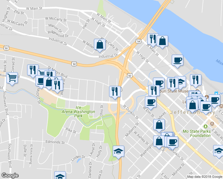 map of restaurants, bars, coffee shops, grocery stores, and more near 729 Saint Marys Boulevard in Jefferson City