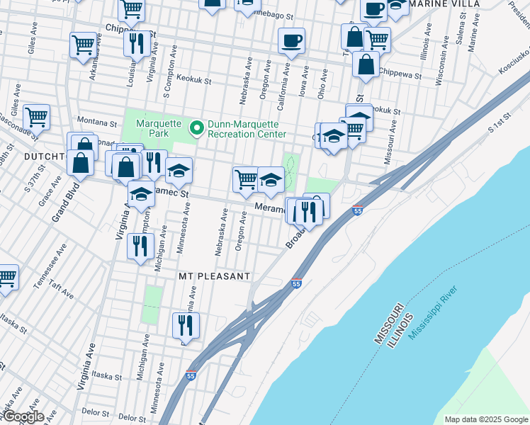 map of restaurants, bars, coffee shops, grocery stores, and more near 4202 California Avenue in Saint Louis