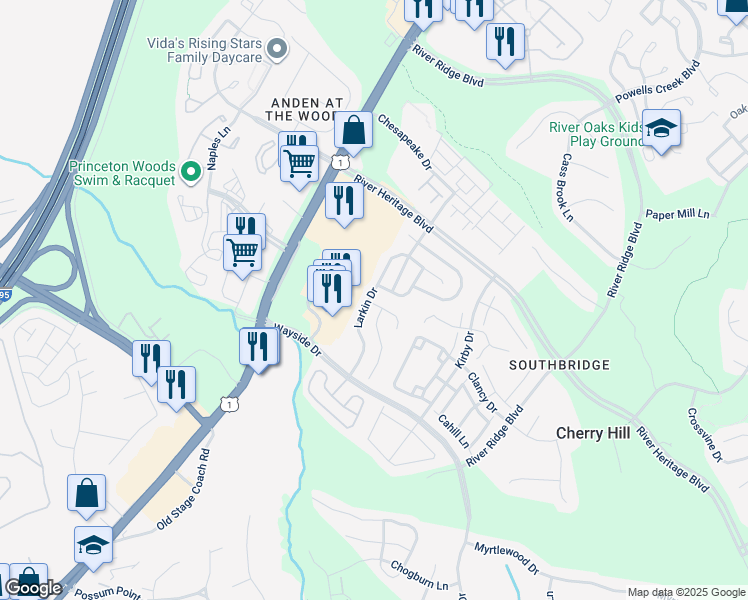 map of restaurants, bars, coffee shops, grocery stores, and more near 17201 Larkin Drive in Dumfries