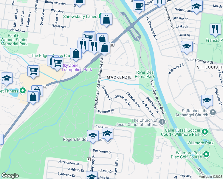 map of restaurants, bars, coffee shops, grocery stores, and more near 7112 Holly Hills Avenue in St. Louis
