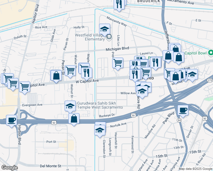map of restaurants, bars, coffee shops, grocery stores, and more near 2007 West Capitol Avenue in West Sacramento
