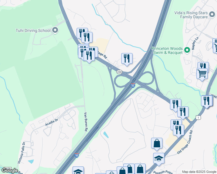 map of restaurants, bars, coffee shops, grocery stores, and more near 3700 Fettler Park Drive in Dumfries