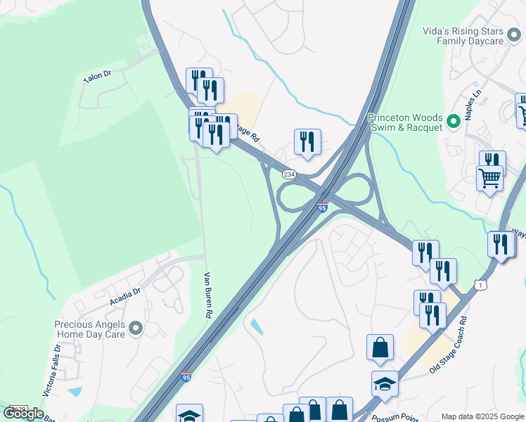 map of restaurants, bars, coffee shops, grocery stores, and more near 3700 Fettler Park Drive in Dumfries