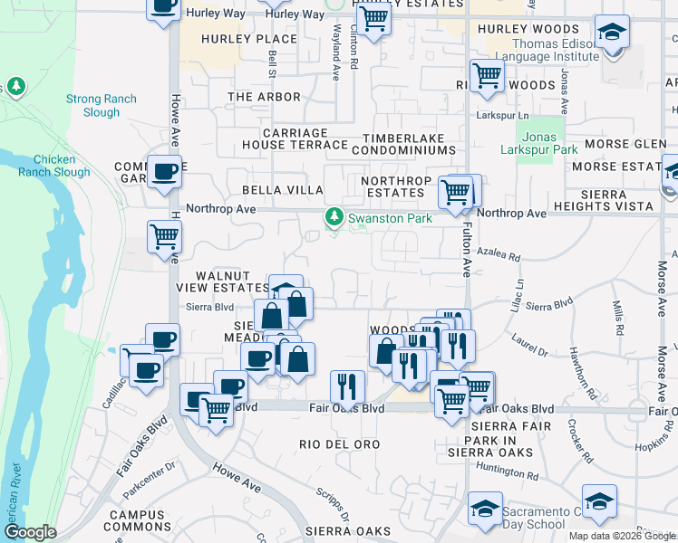 map of restaurants, bars, coffee shops, grocery stores, and more near 633 Woodside Sierra in Sacramento