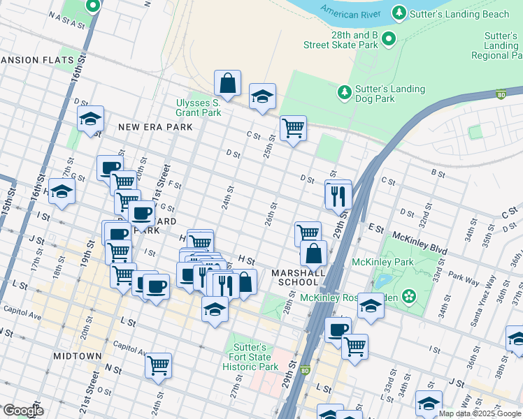 map of restaurants, bars, coffee shops, grocery stores, and more near 2522 E Street in Sacramento