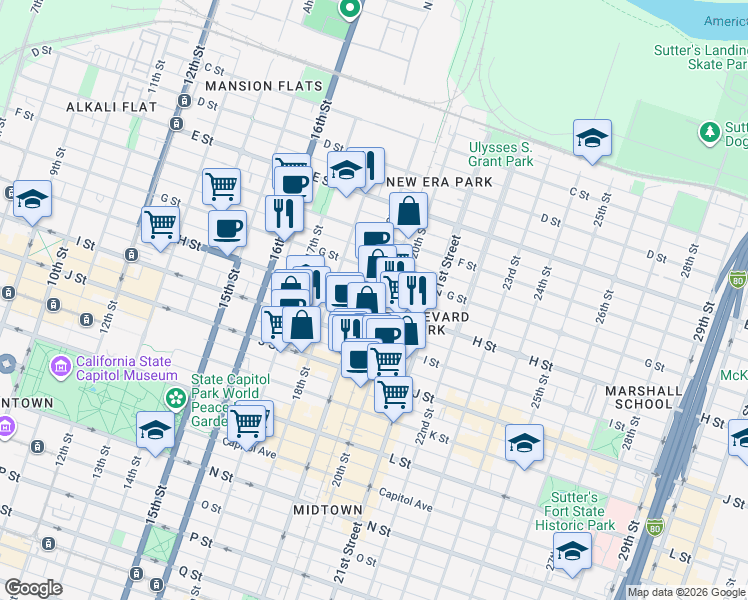 map of restaurants, bars, coffee shops, grocery stores, and more near 1820 G Street in Sacramento