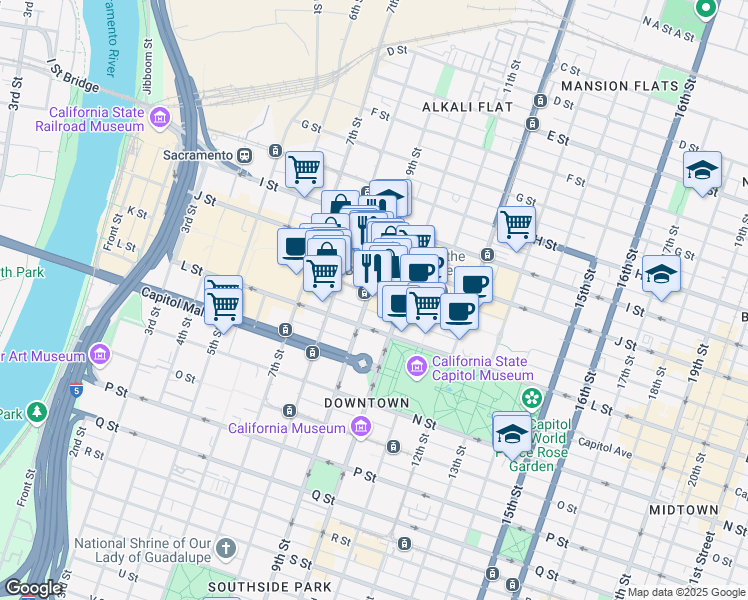 map of restaurants, bars, coffee shops, grocery stores, and more near 831 K Street in Sacramento