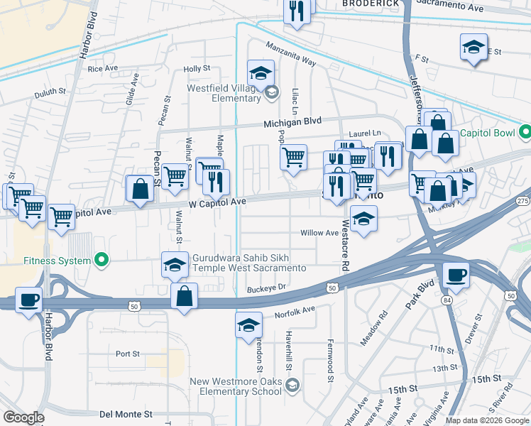 map of restaurants, bars, coffee shops, grocery stores, and more near 2007 West Capitol Avenue in West Sacramento