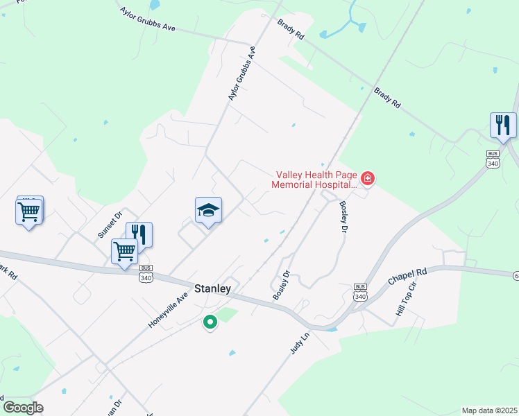 map of restaurants, bars, coffee shops, grocery stores, and more near 155 Cubbage Road in Stanley