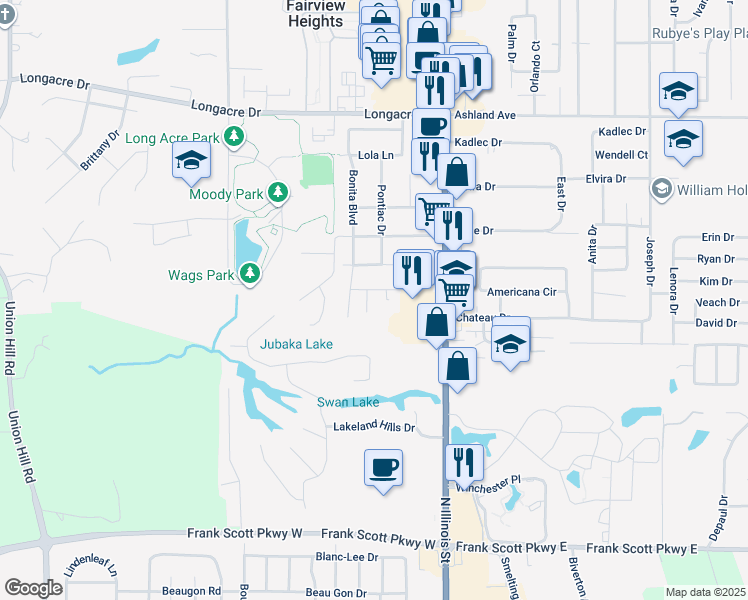 map of restaurants, bars, coffee shops, grocery stores, and more near 15 Hollandia Drive in Fairview Heights