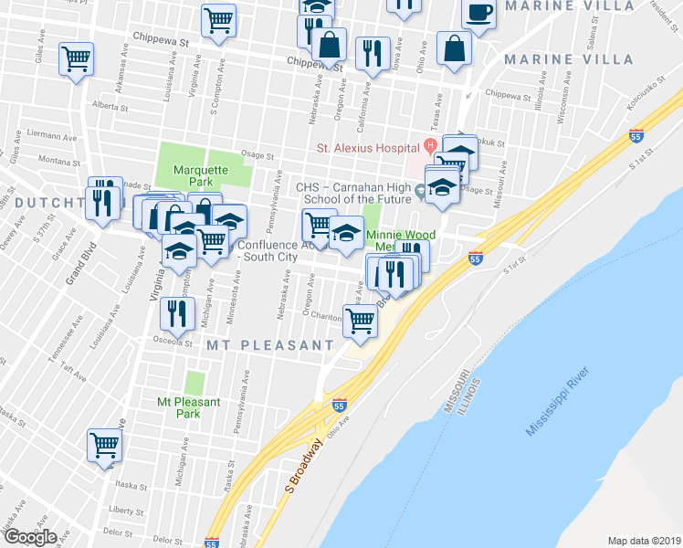 map of restaurants, bars, coffee shops, grocery stores, and more near 4136 California Avenue in St. Louis