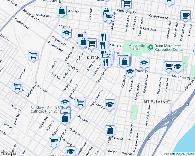 map of restaurants, bars, coffee shops, grocery stores, and more near 4246 Grace Avenue in St. Louis