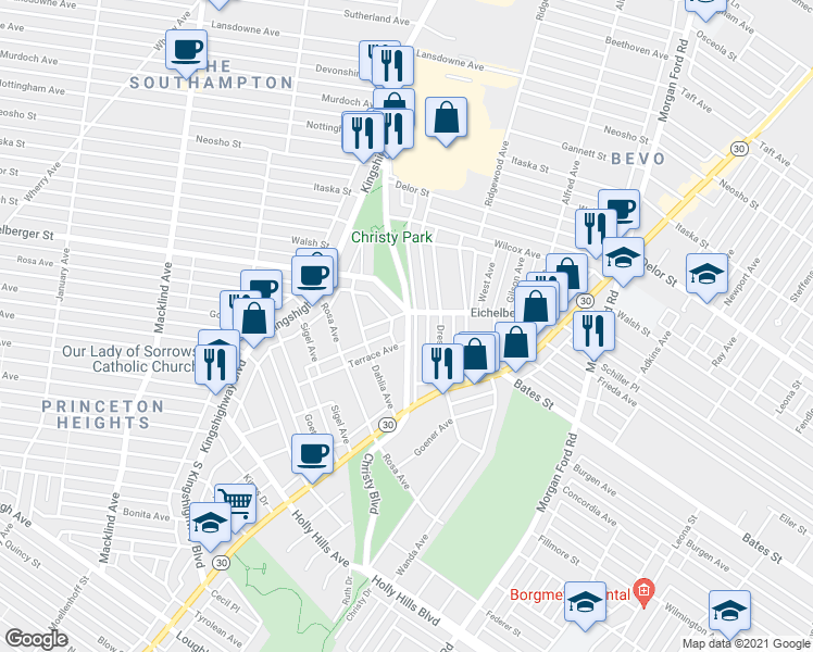 map of restaurants, bars, coffee shops, grocery stores, and more near 4710 Eichelberger Street in St. Louis