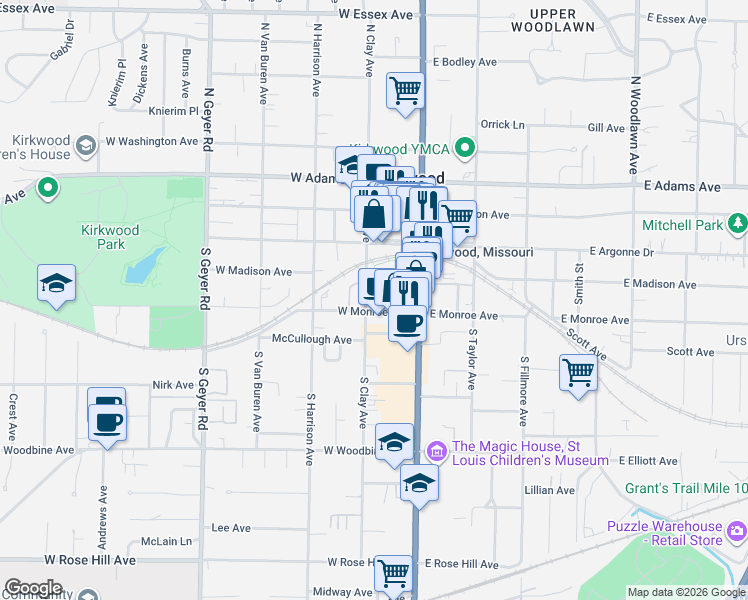 map of restaurants, bars, coffee shops, grocery stores, and more near 131 West Madison Avenue in Kirkwood