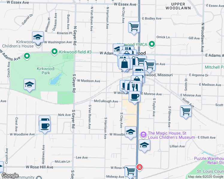 map of restaurants, bars, coffee shops, grocery stores, and more near 207 Monclay Court in Kirkwood