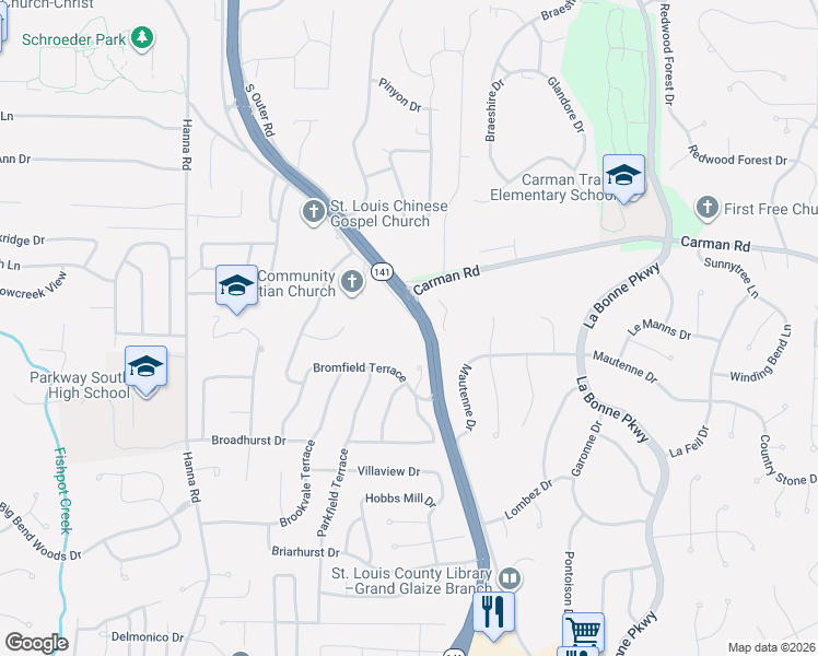 map of restaurants, bars, coffee shops, grocery stores, and more near 625 Meramec Station Road in Ballwin