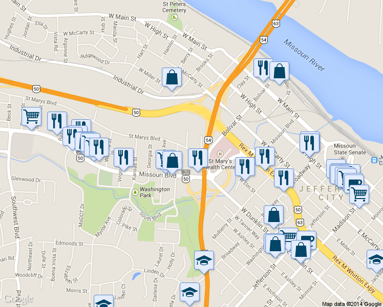 map of restaurants, bars, coffee shops, grocery stores, and more near 801 Armory Drive in Jefferson City