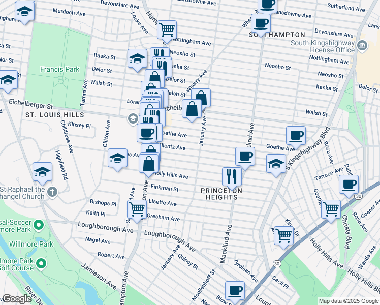 map of restaurants, bars, coffee shops, grocery stores, and more near 5637 Milentz Avenue in St. Louis