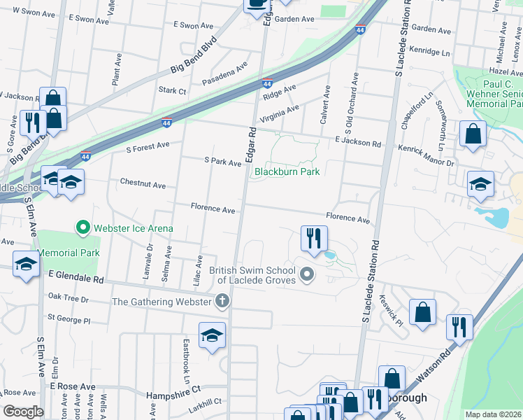 map of restaurants, bars, coffee shops, grocery stores, and more near 527 Florence Avenue in Webster Groves