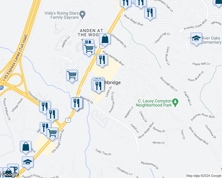 map of restaurants, bars, coffee shops, grocery stores, and more near 17201 Larkin Drive in Dumfries
