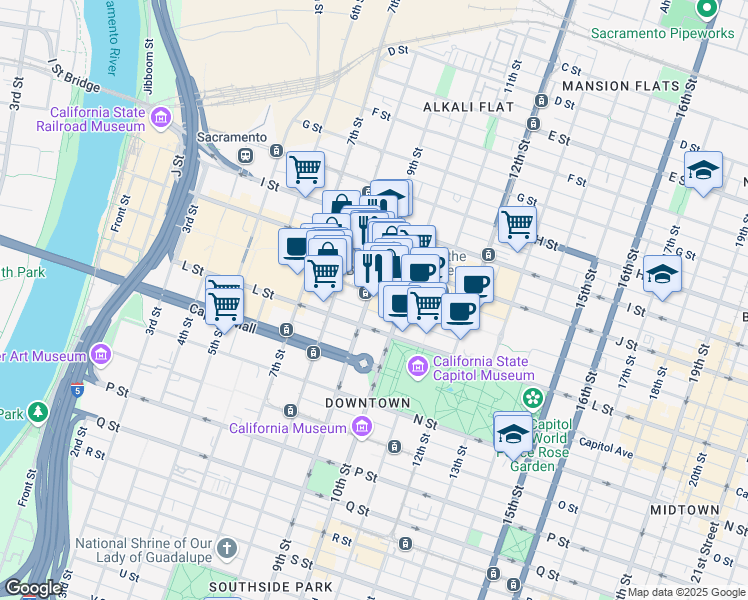 map of restaurants, bars, coffee shops, grocery stores, and more near 1107 9th Street in Sacramento