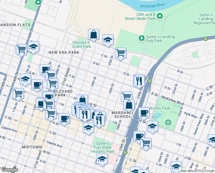 map of restaurants, bars, coffee shops, grocery stores, and more near 2522 E Street in Sacramento