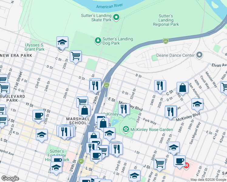 map of restaurants, bars, coffee shops, grocery stores, and more near 3014 D Street in Sacramento