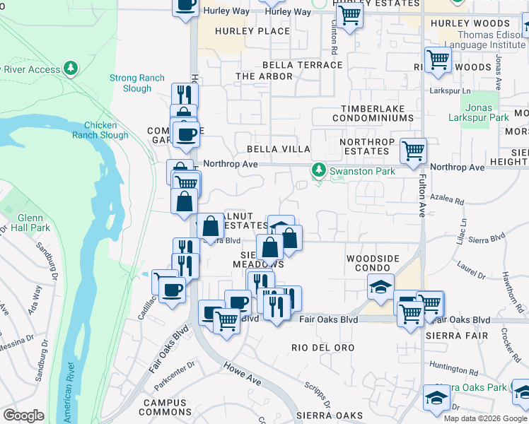 map of restaurants, bars, coffee shops, grocery stores, and more near 2279 Sierra Boulevard in Sacramento