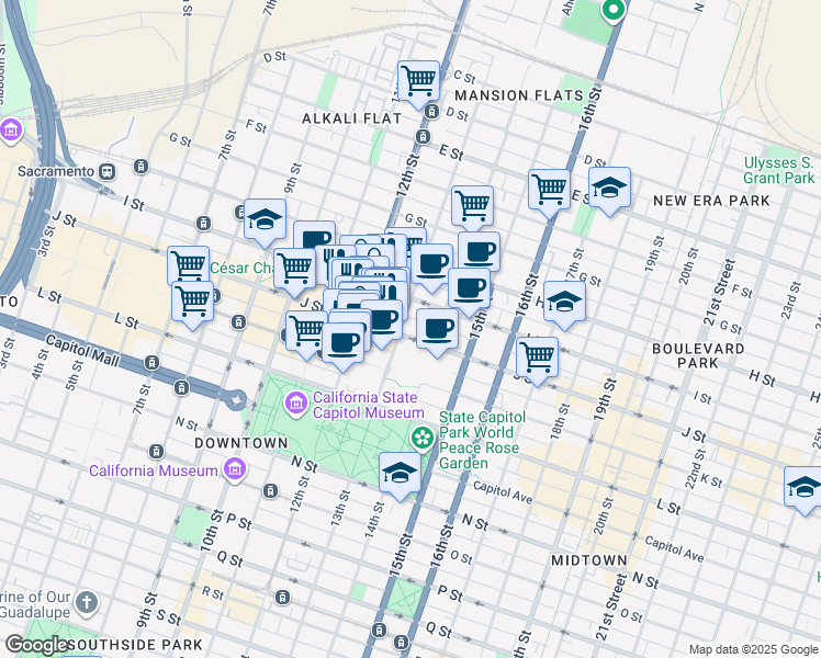 map of restaurants, bars, coffee shops, grocery stores, and more near in Sacramento