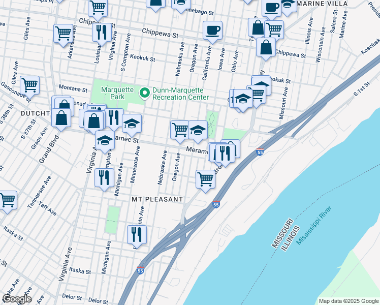 map of restaurants, bars, coffee shops, grocery stores, and more near 4136 California Avenue in St. Louis