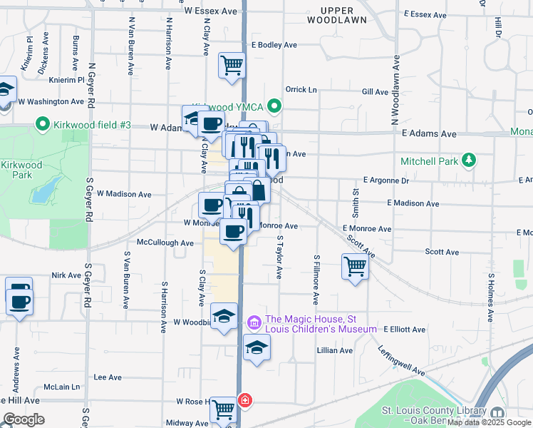 map of restaurants, bars, coffee shops, grocery stores, and more near 139 East Madison Avenue in Kirkwood