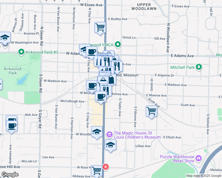 map of restaurants, bars, coffee shops, grocery stores, and more near 200 South Kirkwood Road in Kirkwood