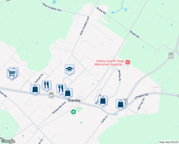map of restaurants, bars, coffee shops, grocery stores, and more near 155 Cubbage Road in Stanley