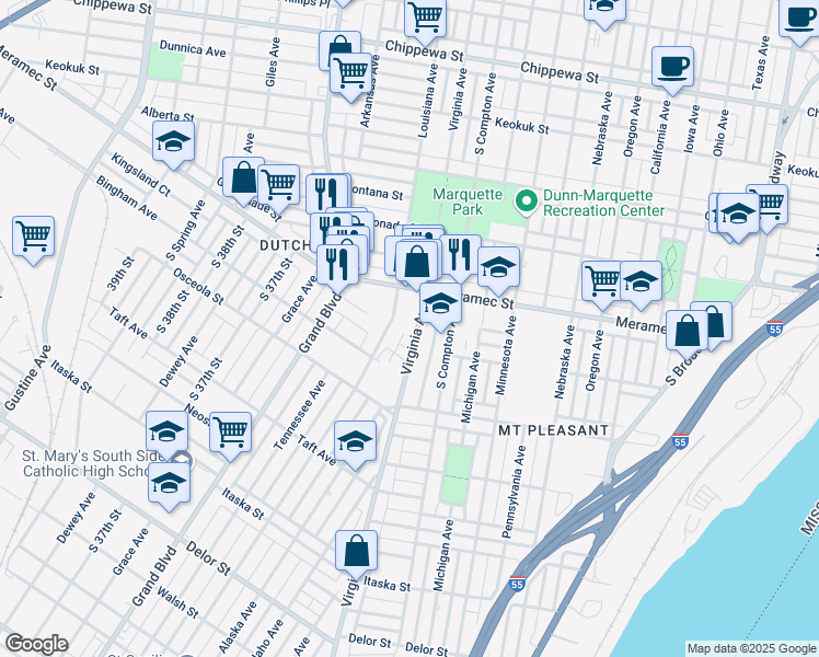 map of restaurants, bars, coffee shops, grocery stores, and more near 3301 Meramec Street in St. Louis