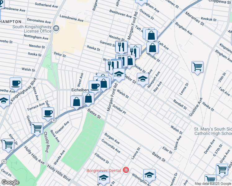 map of restaurants, bars, coffee shops, grocery stores, and more near 5028 Morgan Ford Road in St. Louis