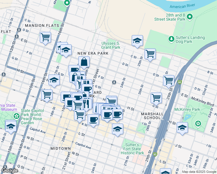 map of restaurants, bars, coffee shops, grocery stores, and more near 2220 F Street in Sacramento