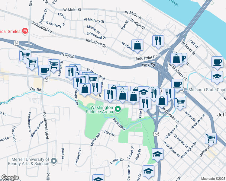 map of restaurants, bars, coffee shops, grocery stores, and more near 608 Kansas Street in Jefferson City