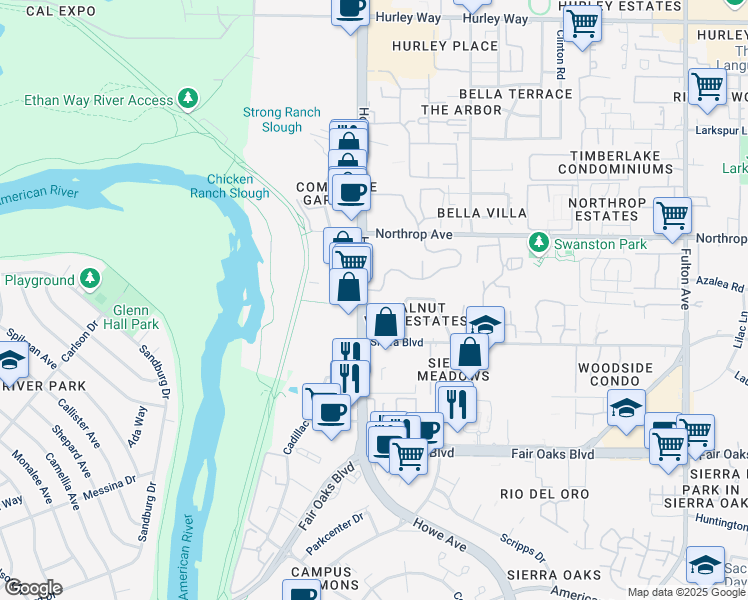 map of restaurants, bars, coffee shops, grocery stores, and more near 2200 Woodside Lane in Sacramento