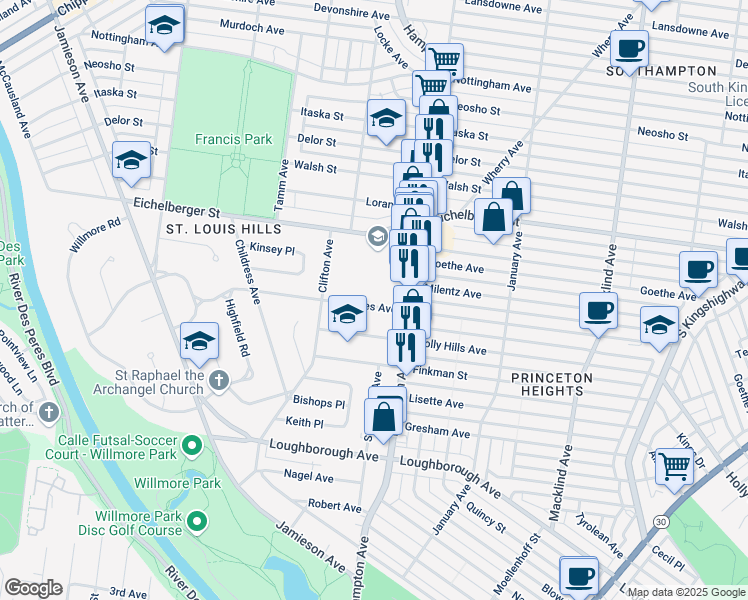 map of restaurants, bars, coffee shops, grocery stores, and more near 5839 Rhodes Avenue in St. Louis