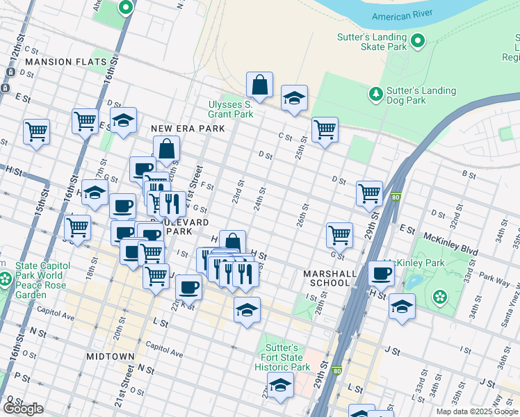 map of restaurants, bars, coffee shops, grocery stores, and more near 2400 F Street in Sacramento