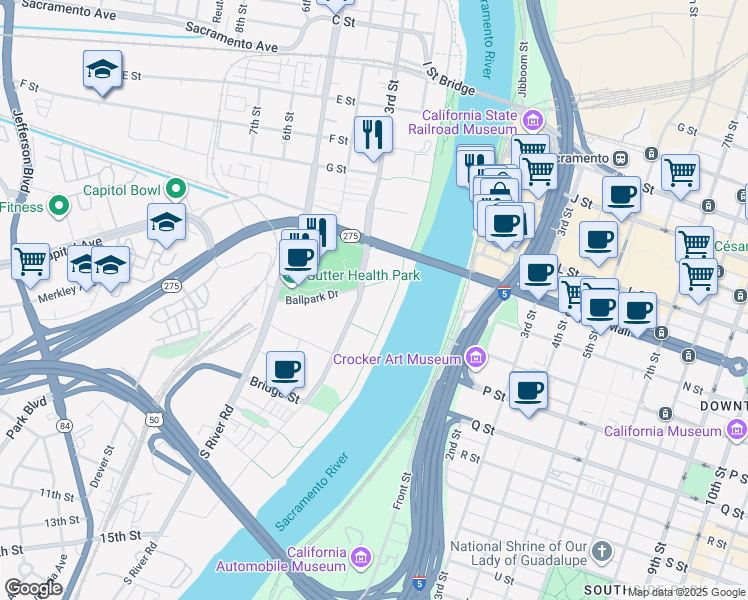 map of restaurants, bars, coffee shops, grocery stores, and more near River Walk Trail in West Sacramento