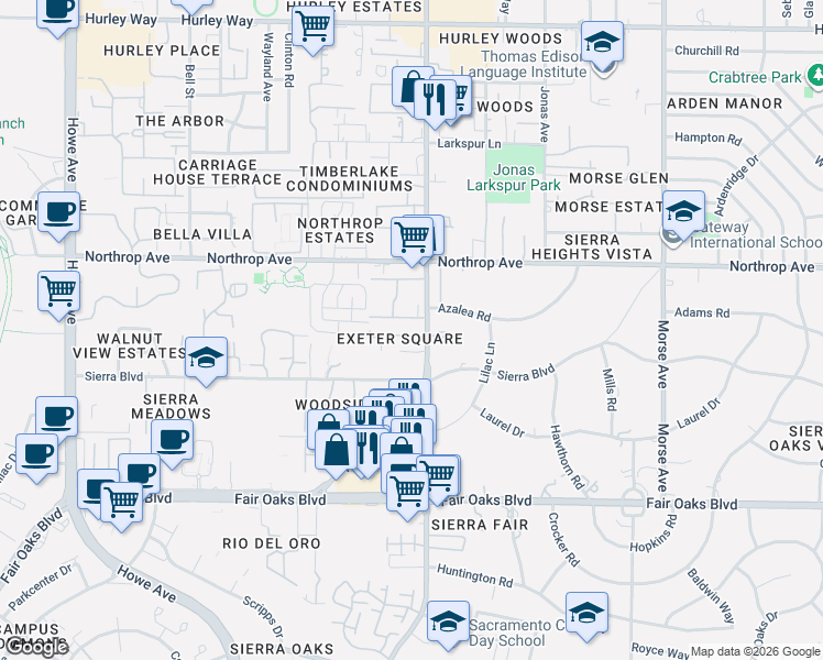 map of restaurants, bars, coffee shops, grocery stores, and more near 801 Fulton Avenue in Sacramento