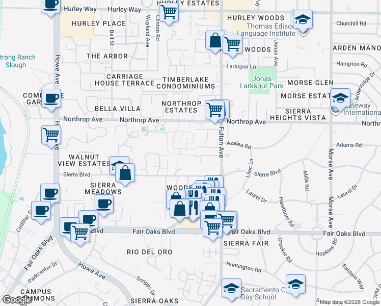 map of restaurants, bars, coffee shops, grocery stores, and more near 760 Carro Drive in Sacramento