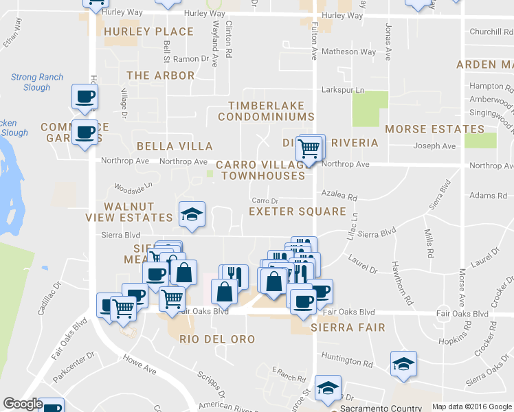 map of restaurants, bars, coffee shops, grocery stores, and more near 790 Carro Drive in Sacramento